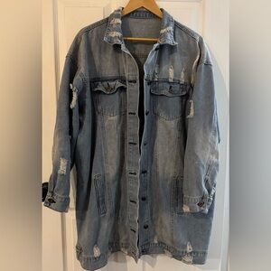 Medium Wash Distressed Long-Line Jean Jacket, Plus Size